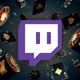 A Twitch logo stands in the middle of a bunch of gambling imagery, such as the number 7, chips, and playing cards with aces on them.